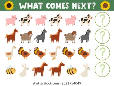 What comes next activity page for kids with cute farm animals. Complete the pattern puzzle. Logical game for school and preschool. Vector illustration