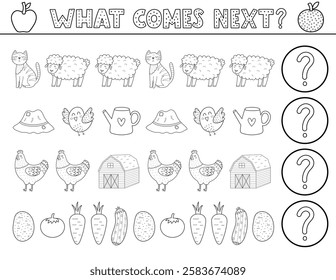 What comes next activity page for kids with cute farm characters. Complete the pattern black and white puzzle. Logical game in outline for school and preschool. Vector illustration