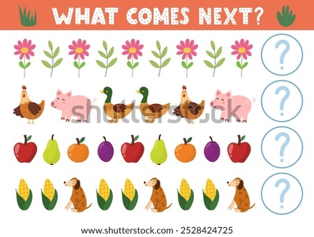 What comes next activity page for kids with cute farm characters. Complete the pattern puzzle. Logical game for school and preschool. Vector illustration