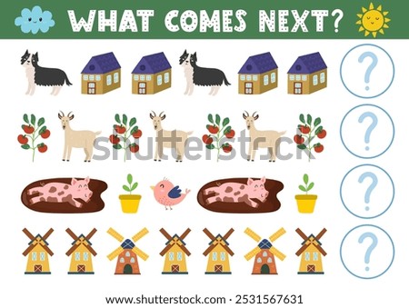 What comes next activity page for kids with cute farm characters. Complete the pattern puzzle. Logical game for school and preschool. Vector illustration