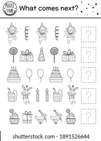 What comes next. Birthday black and white matching activity for preschool children with traditional holiday symbols. Funny outline educational puzzle. Logical line worksheet. Continue the row.
