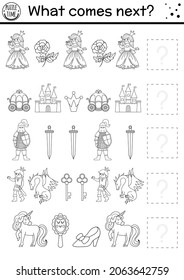 What comes next. Black and white fairytale matching activity with traditional fantasy symbols and characters. Funny magic kingdom puzzle or coloring page. Continue the row game.
