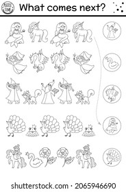 What comes next. Black and white fairytale matching activity for preschool children with fantasy creatures. Funny magic kingdom puzzle or coloring page. Continue the row game
