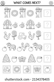 What comes next. Black and white farm matching activity with traditional country symbols. Funny line rural village puzzle. On the farm logical worksheet. Continue the row coloring game
