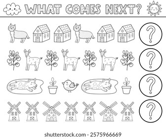 What comes next  black and white activity page for kids with cute farm characters. Complete the pattern puzzle in outline. Logical game for school and preschool. Vector illustration