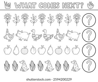 What comes next black and white activity page for kids with cute farm characters. Complete the pattern puzzle. Logical game in outline for school and preschool. Vector illustration