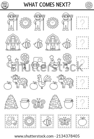What comes next. Black and white farm matching activity with traditional country symbols. Funny line rural village puzzle. On the farm logical worksheet. Continue the row coloring game
