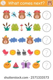 What comes next. Capybara logical activity for preschool children with cute animals, frog, butterfly, reeds, bird, tangerine. Capibara logic succession worksheet. Continue the row game