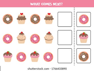 What comes next with cartoon donuts and cupcakes. Educational logical game for kids. Continue the sequence. Worksheet for preschool children.