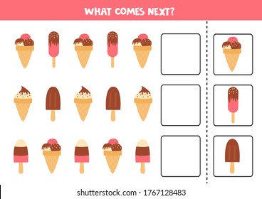 What comes next with cartoon ice creams. Educational logical game for kids. Continue the sequence. Worksheet for preschool children.