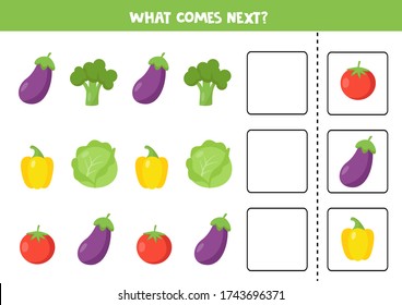 What comes next with cartoon vegetables. Find the next picture in a row. Educational logical game for kids. Vector eggplant, broccoli, tomato, pepper, cabbage on white background.