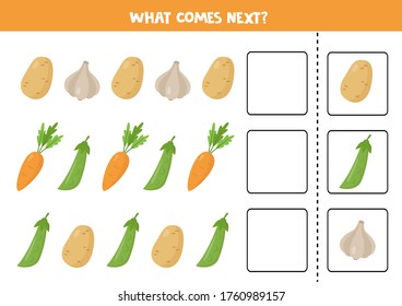 What comes next with cartoon vegetables. Continue the sequence. Finish the row. Educational logical game for kids. 