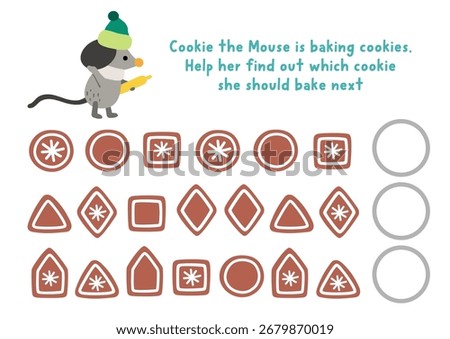 What comes next. Christmas logical activity for preschool children with cute mouse and gingerbread cookies. Winter holiday logic succession worksheet. Continue the row game with biscuits
