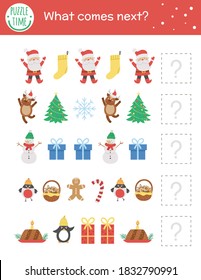 What comes next. Christmas matching activity for preschool children with traditional holiday symbols. Funny educational puzzle. Logical quiz worksheet. Continue the row. Simple winter game for kids
