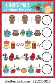 What comes next. Christmas matching activity for preschool children with traditional holiday symbols. Funny kawaii puzzle. Winter New Year party logical worksheet. Continue the row game
