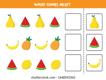 What comes next with colorful fruits. Logical game for kids. Pear, watermelon, banana, pineapple, lemon.