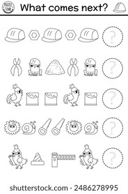 What comes next. Construction site black and white logical activity with hard hat, tools. Building works, repair service logic succession worksheet. Continue the row game, coloring page
