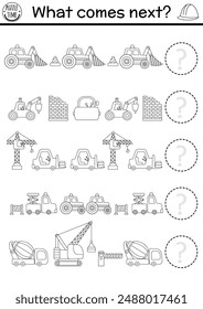 What comes next. Construction site black and white logical activity for kids with bulldozer, crane, excavator. Building works logic succession worksheet. Continue the row game, coloring page
