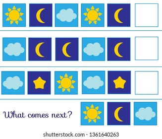 What comes next. Continue the row. Educational children game. Study logic for toddlers. Weather symbols.