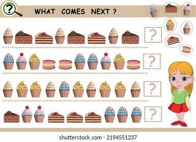 What comes next, continue the row of objects, cupcakes, cakes, . Educational logical game for children. Vector illustration.