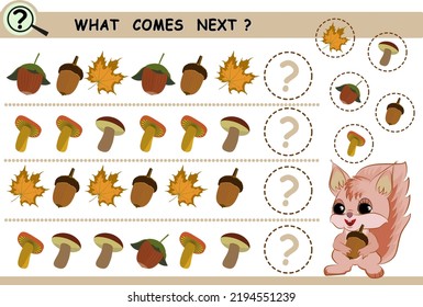 What comes next, continue the row of objects, acorns, mushrooms, leaves, nuts. Educational logical game for children. Vector illustration.