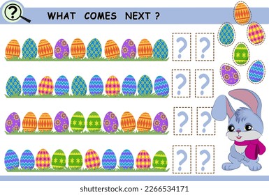 Lo que viene después, continúa la hilera de objetos, coloridos huevos de Pascua. Juego lógico educativo para niños. Ilustración vectorial.