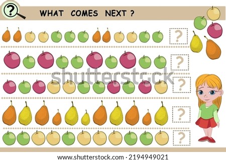 What comes next, continue the row of objects, colorful apples and pears. Educational logical game for children. Vector illustration.