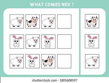 What comes next with cute  animals. Vector illustration of a lamb, bull and rabbit. Educational logic game for children. Continue the sequence. Activity page for preschoolers.