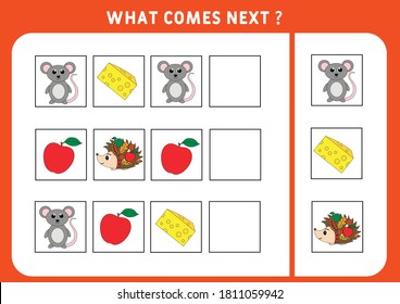 Lo que viene después con animales lindos. Ilustración vectorial. Juego educativo lógico para niños. Continuar la secuencia. Actividad para preescolares.