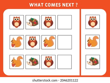 What comes next with cute  animals. Vector illustration. Educational logical game for kids. Continue the sequence. Activity page for preschoolers.