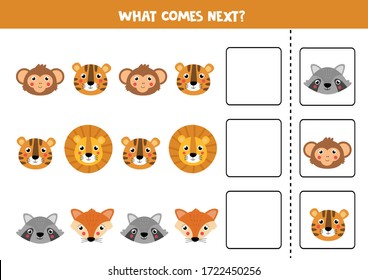 What comes next with cute cartoon animal faces. logical game for kids.
