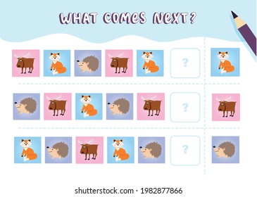 What comes next with cute forest animals. Cartoon vector illustration. Logical worksheet for kids with elk,fox,hedgehog
