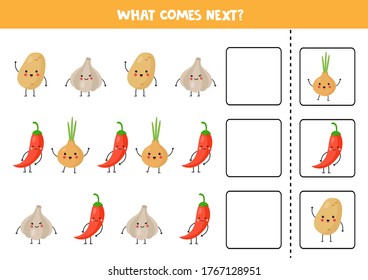 What comes next with cute kawaii vegetable. Cute potato, garlic, red pepper, onion. Educational logical game for kids. Continue the row.
