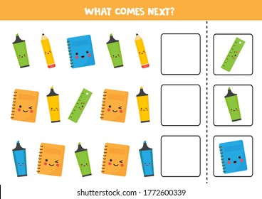 What comes next with cute kawaii stationery.  Colorful ruler, notebook, pencil, highlighter. Educational logical game for kids. Complete the sequence. Activity page for children.