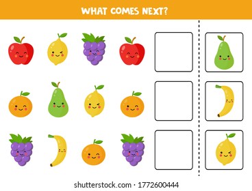 What comes next with cute kawaii fruits. Educational logical game for kids. Complete the sequence. Activity page for children.