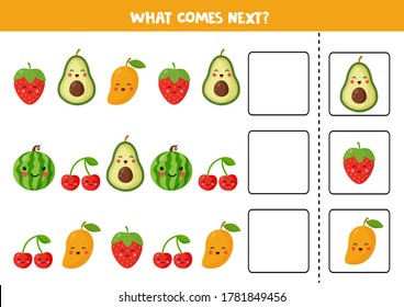 What Comes Next With Cute Kawaii Fruits. Cartoon Vector Illustration Of Cherry, Strawberry, Avocado, Watermelon, Mango. Logical Worksheet For Kids. 