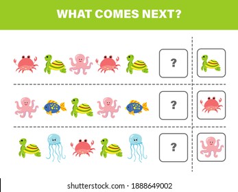 What comes next with cute marine animals-crab, turtle,octopus, fish and jellyfish. Cartoon vector illustration. Logical worksheet for kids.