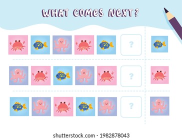 What comes next with cute marine mammals. Cartoon vector illustration. Logical worksheet for kids with sea animals.
