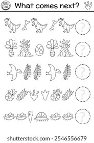 O que vem a seguir. Dinossauro preto e branco atividade lógica para crianças com T-rex, ovo, vulcão, pterossauro, meteorito. Planilha de sucessão lógica de linha pré-histórica. Dino continuar o jogo em linha
