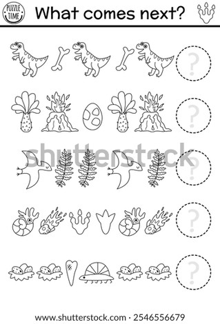 What comes next. Dinosaur black and white logical activity for children with T-rex, egg, volcano, pterosaur, meteorite. Prehistoric line logic succession worksheet. Dino continue the row game
