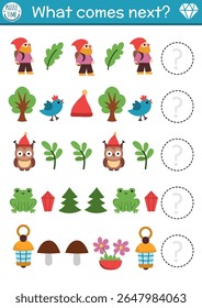 What comes next. Dwarf logical activity for preschool children with gnome, leaf, tree, owl, frog. Magic forest logic succession worksheet. Woodland fairytale continue the row game
