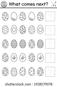 Lo que viene después. Actividad de emparejamiento en blanco y negro de Pascua para niños preescolares con huevos. Divertido rompecabezas vacacional. Esbozar hoja de cálculo lógica. Continúe con la fila. Juego de primavera simple para niños
