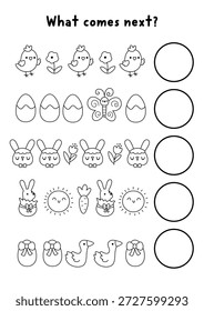 Lo que viene después. Actividad lógica en blanco y negro de Pascua para niños con símbolos de vacaciones. Hoja de cálculo de sucesión de lógica de primavera. Continuar El juego de línea de fila, página para colorear con pollito, conejito, huevo

