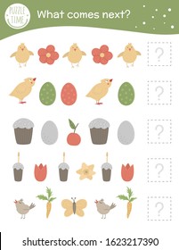 What comes next. Easter matching activity for preschool children with holiday symbols. Funny spring game for kids. Logical quiz worksheet. Continue the row