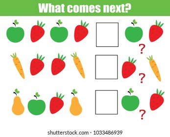 What comes next educational children game. Kids activity sheet, training logic, continue the row task with fruits and vegetables