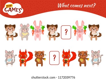 What comes next educational children game. Kids activity sheet,  Cartoon animals.