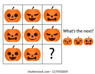 What comes next educational children game. Kids activity sheet, continue the row task. Halloween pumpkins