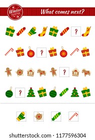 What comes next educational children game. Kids activity sheet,  Christmas Collection. Cut and paste to the right place

