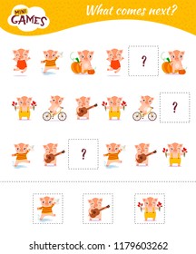 What comes next educational children game. Kids activity sheet,  Cartoon pigs in different poses.