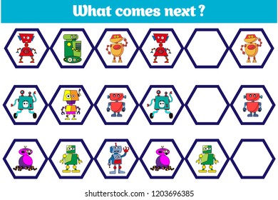 What comes next educational children game. Kids activity sheet, training logic. Vector illustration.